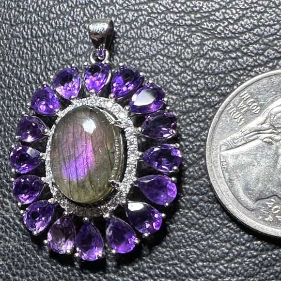Labradorite & Amethyst 925 Silver Pendant Genuine Gems - Picture 3 of 11
